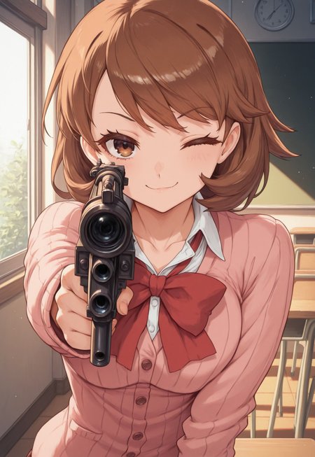 masterpiece, best quality, very aesthetic, absurdres,1girl, solo, takeba yukari, brown hair styled in a layered cut, brown eyes, pink cardigan, white collared shirt, large red bow at the neck, mini skrit, smug smile, light blush, aiming a vkrsmmg medium machine gun weapon, aiming at viewer, one eye closed, indoor, empty classroom, depth of view, 