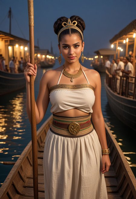 (medium full shot) of (vivacious queen from ancient egypt) young woman, voluptuous build, black hairbun hair, brown eyes, tan skin, egyptian makeup, wearing Linen halter top with pleated neckline, linen skirt with embroidered belt, golden armlet with ankh symbol, sandals adorned with cartouche charms, set in ancient egypt era, in  Ferry Crossing, Essential passage connecting villages on opposite banks, ferryman guiding his vessel with a long pole, passengers chatting animatedly, and livestock being herded aboard , at night, surprised, open mouth, pointing her finger at the viewer, Masterpiece,best quality, photorealistic, amazing quality, very aesthetic, extremely detailed face,