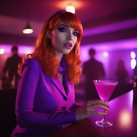 cinematic photo a woman dressed a puple having a cocktail in an haunted pub <lora:DaphneBlake1024:0.8> . 35mm photograph, film, bokeh, professional, 4k, highly detailed