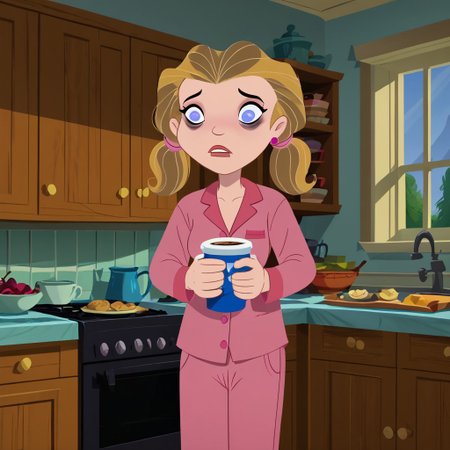 score_9, score_8_up, score_7_up, 1girl, solo,
pale-skin, light blue eyes, medium-length blonde hair, pigtails with pink hair ties, pink pajamas, 
 perfect hands, show accurate, perfect anatomy, med body,
indoors, small perky breasts, kitchen, hand on hip, loose clothing, holding a cup of coffee in hand, sleepy eyes, bags under eyes, loose clothes,