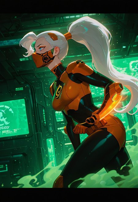 masterpiece, best quality, amazing quality, very aesthetic, absurdres, newest, ((screencap, parody, cartoon))
drewsat, 1girl, long hair, white hair, ponytail, blue eyes, makeup, lipstick, eyeshadow, 
armor,, orange bodysuit
expressive face, 
cyberpunk city, cyberpunk scene, futuristic mouth mask, mouth mask, futuristic mask, orange mask, arm blade, glowing orange blade, dynamic pose,, green theme, sci fi lab, exploring, side view, movie scene, bladerunner 2049, sci fi movie, futuristic lab, green smoke, from side,