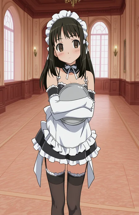 <lora:anatomy_helper:0.8> 1girl, solo, <lora:KoWaGo-IL:0.8> himm,
anna, black hair, brown eye, long hair,
koremaid, bare shoulders, elbow gloves, white gloves, detached collar, arm garter, garter straps, spaghetti strap, black thighhighs, frilled thighhighs, maid headdress, black footwear,
indoors, mansion, fancy, holding tray, tray, hugging object,, extremely detailed, highres, masterpiece, best quality