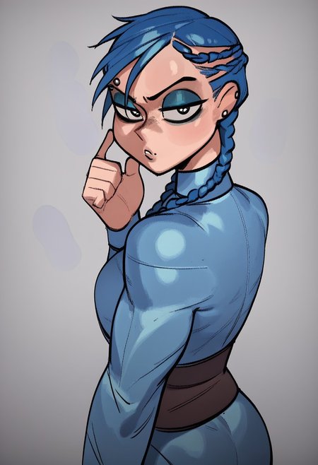 score_9, score_8_up, score_7_up, anna, solo,1girl ,breasts, braid, blue hair, long hair, braid,great shading,full body,open eyes, eyeshadow, blue eyeshadow,makeup,, eyebrow piercing, piercing, blue motosuit, walking pose, looking at viewer, gray background,