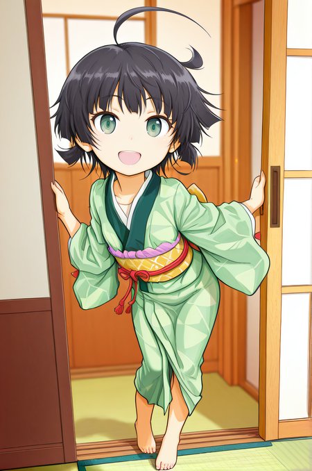 masterpiece, best quality, 1girl, solo, original artstyle, <lora:Zara_Style:1>, zarastyle, black hair, green eyes, green kimono, japanese clothes, chibi, full body, barefeet, smile, open mouth, ahoge, looking at viewer