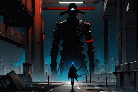 highly insanely detailed, masterpiece, top quality, best quality, highres, 4k, 8k, RAW photo, (very aesthetic, beautiful and aesthetic),  
tsutomu nihei,nihei_tsutomu,blame!,blame gakuen!,abara,TNstyle,sidonia_no_kishi,(lab,stairs,city ruins),wire,foggy,steam,mist,smoke,fog,cables,tubes,industrial pipes,machinery,dark sky,black sky,ventilation fan,ventilation shaft,bones,tentacles,letterboxed,fence,concrete walls,metal walls,air conditioner,drainpipe,dome,clouds,lantern,walkway,gauna,gauna mech,buildings,bridge,star \(sky\),starry sky,light particles,dystopia,destroyed,empty,dark background,blm,cyberpunk,decrepit,no human,futuristic,flock, 
<lora:blamev2:0.7>, 
(1girl:1.3), 
solo focus, 
neon blue background,neon orange background,(gradient background,colour sequence background),âââ