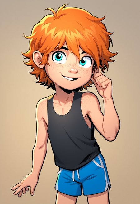 1boy, solo, cute boy, Bailey Briggs, Orange Hair, Blue Eyes, Freckles, Green Eyes, tank top, blue shorts