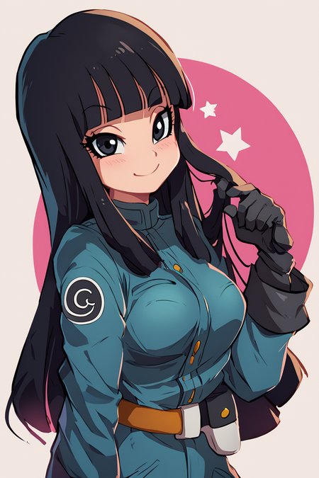 score_9, score_8_up, score_8, medium breasts, (curvy), cute, eyelashes,       ,,, , ,,, zzMai, long hair, black hair, black eyes, blunt bangs,  military uniform, belt, <lora:FutureMai_DragonBall_PDXL:1.0>,  ,,,, BREAK, smile, looking at viewer, cowboy shot, ,,, embedding:zPDXL, Expressiveh, ,,, <lora:Zankuro_Style_PDXL:0.8> <lora:SDXLFaeTastic2400:0.5>, <lora:Expressive_H-000001:0.4>,