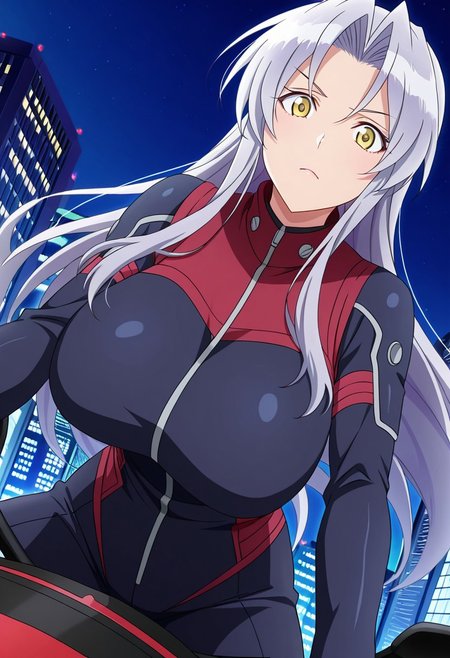 general,highres, ultra-detailed,very aesthetic,best quality ,best hands,best eyes,easynegative,
dynamic anglre, dutch angle, anime cloring,anime screencap,
1girl solo,looking at viewer,city,night,riding on bike,
Mikoto Kiba,grey hair, long_hair, yellow eyes, huge_breasts,open chest rider suit,