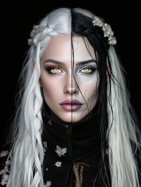 nbn-hel, A solemn portrait of Hel, face fully aligned with the center of the image. Her left side (viewer’s) radiates beauty — clear glowing eye, smooth pale skin, flowing white hair braided with silver threads. Her right side (viewer’s) is death’s echo — sharp cheekbone, empty socket, tight dry skin, and hanging black hair. Her lips are perfectly symmetrical — half full, half sunken. She wears a high-neck cloak with mirrored patterns of blooming leaves on one side and dried roots on the other. Lighting is soft and even, as though frozen in a timeless moment between worlds.