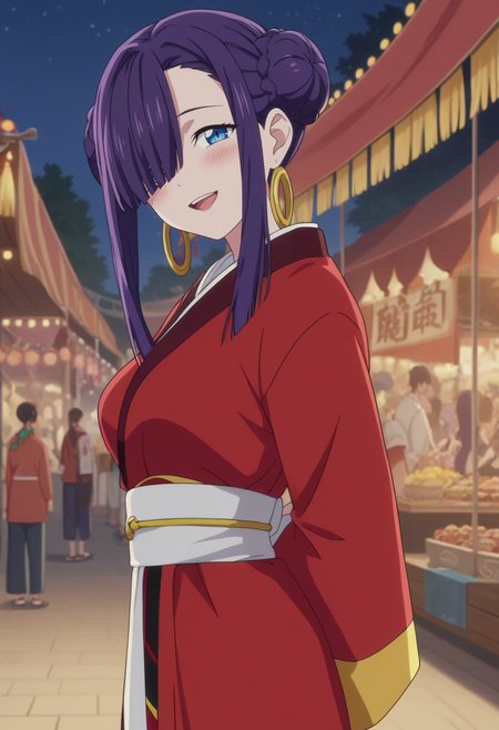 score_9, score_8_up, score_7_up, anime screencap, source_anime, 1girl, solo,
<lora:Hime_SSSS.Gridman_V2:.85>, KJOhime, purple hair, blue eyes, asymmetrical bangs, hair over eye, sidelocks, double bun,
red kimono, long sleeves, white sash, hoop earrings, 
arms behind back, seductive smile, head tilt, blush, looking at viewer, open mouth, 
festival, night,
(Beautiful, medium Breasts:1.2), natural breasts,
