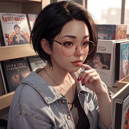 high quality 3d rendering high resolution raytracing of  1girl cute <lora:alex_chen:1> alex_chen, short hair
browsing records in a record store
black glasses <lora:weight_slider_v2:1.1>  fHandDetail