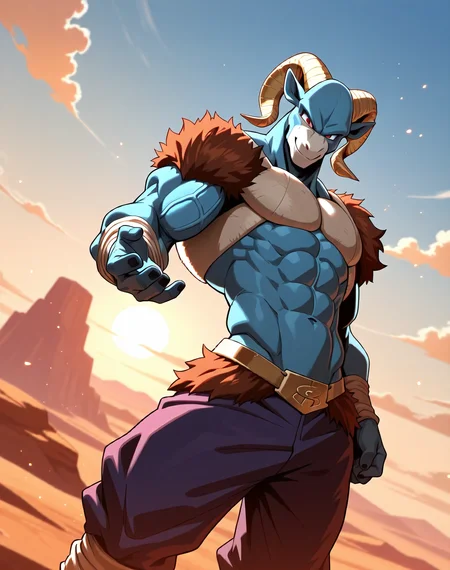 <lora:Moro_3rd_Form_(Dragonball_Z)_(Illustrious)_(AD):1.3> Moro, muscular, goat, 
((
dutch angle, exterior, desert, sky with detailed clouds, 
male focus, gradient coloring, solo, cowboy shot, bent leg, perfect proportions, hyper muscular, veiny muscles, goat head, blue body, sexy, large shoulders, large biceps, large thighs, abs, soft shading, evil smirk, 
)), 
BREAK very awe, aesthetically pleasing, masterpiece, best quality, amazing quality, very aesthetic, perfect depth of field shot, in'ei, furry_art, source_furry, source_anime, 
EZRealPONYXL, zPDXL, Smooth Quality, lazympos, IllustQualXL_Pos,