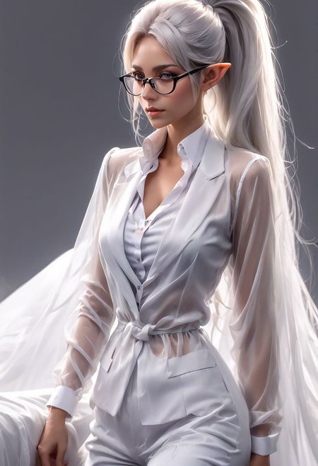 Full body Fantasy young tall elf woman, very long legs, medium breasts, (saggy breasts:2), in an elegant white office jacket and pants, necktie, very tight black silk gilet under her breasts like a corset, over a white see through linen shirt, braless, black thin glasses, sharp glare, fingers on glasses, very long white hair in a straight ponytail long under her buttocks.
Studio light, gray background.
Hyper realistic, HDR, 8K, Trending on Artstation, very detailed, sharp
