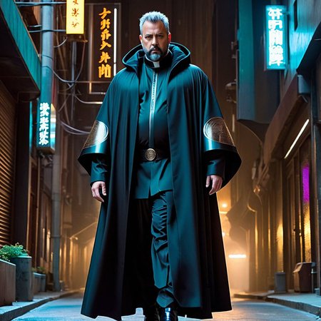 (50-year-old overweight hairy man) In the chilling dystopian cityscape of a Cyberpunk future, a 50-year-old man with a commanding presence, dons an ensemble that seamlessly blends the roles of a priest, librarian, and writer. His figure is obscured by layers of bulky yet futuristic clothes that shield him from the biting cold.
The centerpiece of his attire is a high-tech priestly robe, reminiscent of traditional religious garments but adorned with futuristic embellishments. The robe cascades down to his feet, its surface reflecting a subtle sheen. Over this, he wears a cloak with hair, inspired by the avant-garde style of Adrienn Henczn Deki, which not only adds an element of otherworldliness but also serves as an extra layer of protection against the cold winds that sweep through the neon-lit streets.
The cloak is carefully designed with stylized sun tattoos on the right eye, drawing inspiration from the artistry of Olivia de Berardinis. These tattoos glow faintly, adding an ethereal quality to his appearance. His short hair peeks out from under the cloak, hinting at a meticulous grooming routine.
Underneath the priestly robe, the man sports futuristic layered clothes. Bulky pants made of advanced materials shield him from both the cold and any potential threats lurking in the shadows. His ensemble is completed by a pair of heavy-duty boots that enhance his imposing stature.