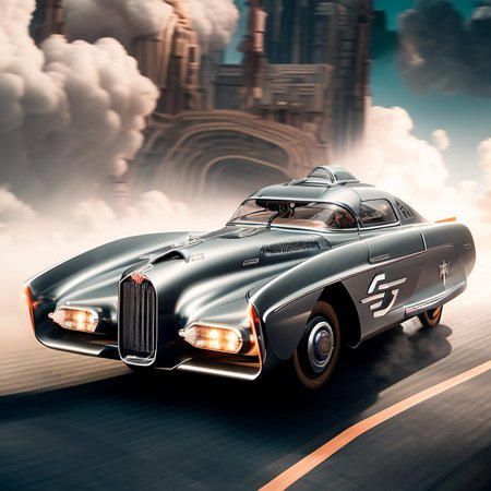 flying silver oldtimer car, with wings, flying above clouds above new york city, design by retrofuturv3 and carhelper,studio lighting, cinemahelper, volumetric lighting, 10mm, photography,  front shot, action shot, motion blur, automotive