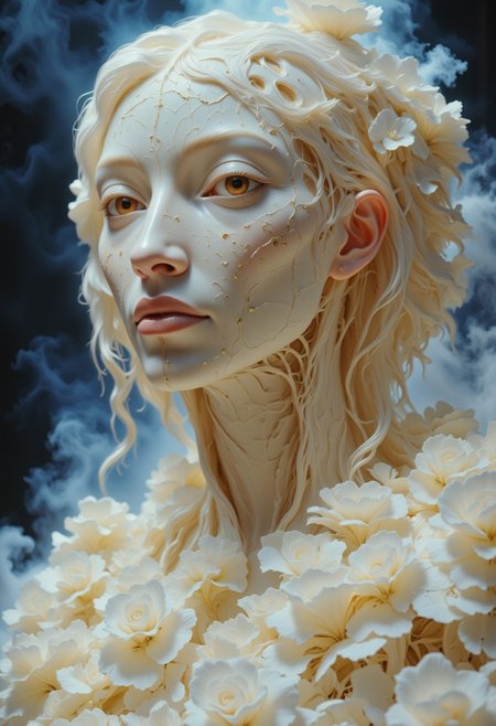 Close-up portrait of a statue of a woman. Her head and body are made of ivory and smooth with numerous, glowing, fine, hairline cracks covering the head and down her neck creating an organic mosaic pattern. She is biomechanical. Her eyes are an intense hazel color with black eyeshadow, and her lips are a rich, deep red color. A spot light focuses on her eyes, creating strong highlights and shadows. The light background is softly blurred showing a sea of white rose petals, but is blurred and out of focus so all visual attention is on the woman's eyes, nose and mouth. Her hair is stark white and falls around the lower half of the image. She is blending in with the background. She is looking at the viewer intensely. Blue and white smoke surround her body. She is like a bust. The overall impression is one of dramatic beauty, with an almost otherworldly quality.  (((ultra-realistic style))), realistic soft lighting, eye-catching, atmospheric lighting, smokey environment, natural, shallow depth of field, (highlights: 0.8), high detail (dynamic, sincere, cinematic shot, film grain, bokeh, depth of field)