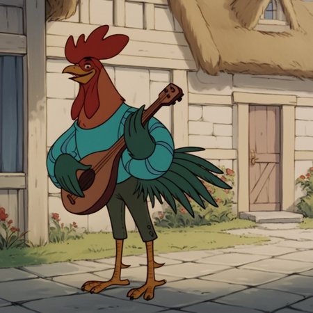 score_9, score_8_up, score_7_up, score_6_up, score_5_up, score_4_up, source_furry, Alan-A-DaleRH, semi-anthro, male, rooster, feathers, green winged arms,striped shirt, puffy sleeves, green pants,  green tail, brown body, outside, standing, solo, 1boy, holding guitar, red hair