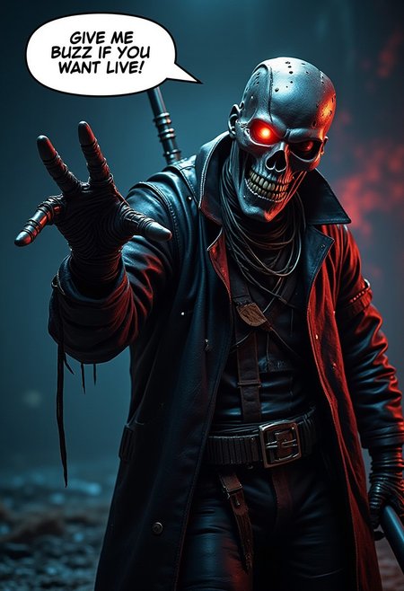 A realistic scene, The terminator, in leather clothing, one robotic red eye, reaching is left hand to the viewer, saying in a large speech bubble, "GIVE ME  BUZZ IF YOU WANT TO LIVE!", on the right hand holds a shotgun, pointing up, detailmaximizer,