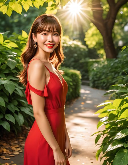 In a bustling city park under the soft golden glow of the setting sun, a radiant woman named K1MCW with her striking brown hair swept back and bangs framing her pretty face, stands solo against the backdrop of lush green foliage. She wears a stylish red dress that complements her warm complexion, her lips curved into a captivating smile as she engages the viewer with direct, confident eye contact. Her pose exudes a serene yet playful energy, adding to the vibrant and inviting atmosphere of the scene. The sun's rays filter through the leaves overhead, casting dappled shadows on the ground beneath her feet, further emphasizing the warmth and beauty of this captivating moment.