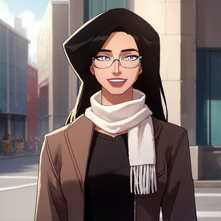 score_9, score_8_up, score_7_up, 1girl, solo, long hair, blue eyes, black hair, lipstick, black shirt, jeans, handbag, open jacket, brown jacket, glasses, white scarf, Wonder Woman (2009), looking at viewer, mouth closed, smile, middle of the city