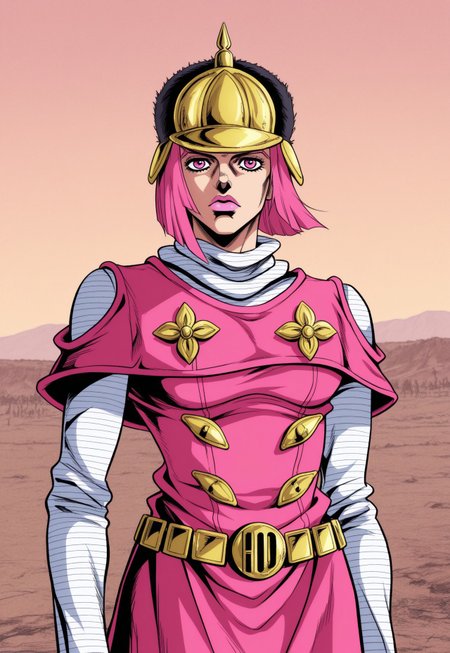 jojo's bizarre adventure, hirohiko araki style,  anime, masterpiece, best quality, detailed background, 8k, 1girl, solo, hot pants, pink hair, short hair, pink lipstick, pink eyes, gold helmet, black fur cap, white striped shirt, long-sleeve shirt, baggy turtleneck, pink dress, layered dress, gold accessories, gold belt, white striped pants, outdoors, wild west background, face close-up, emotionless, half body, staring at viewer, no pose,