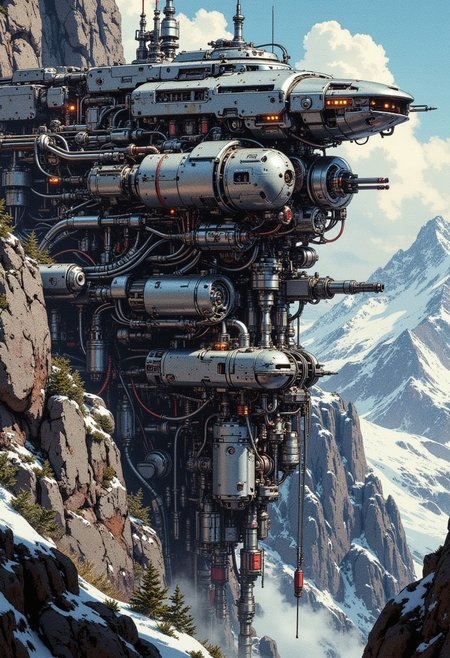 in the style of ck-mgs, A digital artwork in the style of cknc, a_skynet_cyberdyne_craft, the image is featuring  gleaming silver metallic megafortress set into a mountainside cliff, with large gun turrets. The fortress has glowing led lights, and is adorned with intricate, metallic details, including bolts, wires, and mechanical components, giving it a highly advanced, industrial military look