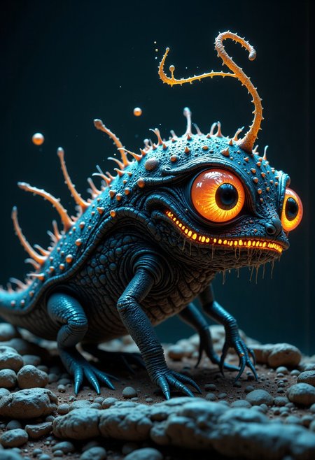 Envision a bizarre and whimsical monster, an uncanny blend of a cat and an anglerfish. Its body features the dark, leathery textures of a deep-sea dweller, adorned with bioluminescent spots that cast an eerie glow in its surroundings. It possesses sleek, cat-like limbs for unexpectedly agile movements and large, luminous eyes filled with curiosity. A thin, lure-like appendage protrudes from its head, playfully dancing above its wide, toothy maw like a living bait. This extraordinary creature embodies the strange beauty of undiscovered biodiversity with its intriguingly alien appearance.