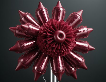 professional 3d model <lora:Cockstarz:0.75> frilly burgundy velvet fabric wrapped around each shaft of a 10-point Cockstarz cluster, sparkling lights, psychedelic disco balls pattern background . octane render, highly detailed, volumetric, dramatic lighting