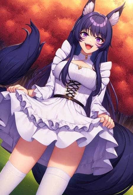 (masterpiece, best quality), absurdres, (masterpiece), best quality, game cg,  absurdres, anime style, newest, score_9_up, score_8_up, score_7_up, score_6_up, score_5_up, score_4_up, score_3_up BREAK (masterpiece, best quality), absurdres, long eyelashes,  BREAK <lora:Delta_The_Eminence_in_Shadow:1>, Delta, standing, smilling, cowboy shot, dutch angle,  facial marks, tail, frill summer dress, sitting on park seat, white stockings, crossed legs