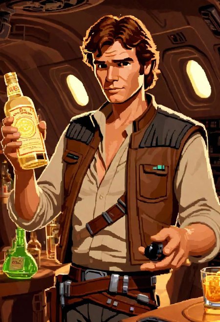 lucasarts style, a drunk Han solo is holding a glowing bottle of tequila in a millennium falcon <lora:lucasarts style:1>