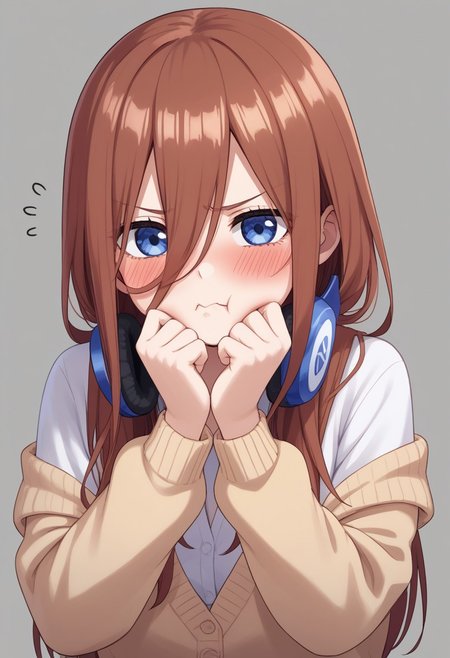 1girl, nakano miku, Go-Toubun no Hanayome, headphones around neck, puffing cheeks, angry expression, slightly blushing, embarrassed look, headphones, solo, pout, hair between eyes, cardigan, long hair, :t, brown hair, blush, shirt, white shirt, simple background, cardigan, drawn in pencil