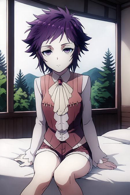 sharp focus, pixiv masterpiece, intricate details,  expressionless, source_anime,  score_8_up, score_7_up, score_9, looking at viewer, 
, highres,, 1girl,solo, remarkable, absurd res, forest,   <lora:roadkamelot_PonyXL_0.3:1>, hwroad, cowboy shot, hw-uniform, red denim shorts, inside, sitting on bed,