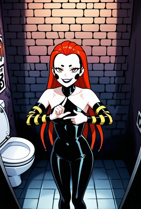 <lora:frightwig:1> frightwig, 1girl, long hair, red hair, bare shoulders, hair down,  black lips, striped sleeves, black cheeks, detached sleeves, black bodysuit, facing forward, evil grin, teeth,  tentacle hair, seductive pose, in dungeon, mossy walls, brick walls, prison, graffiti, poster on wall, bed, toilet, prison cell, penetration gesture, , foreground blur,, masterpiece, best quality, amazing quality, very aesthetic, absurdres, newest,