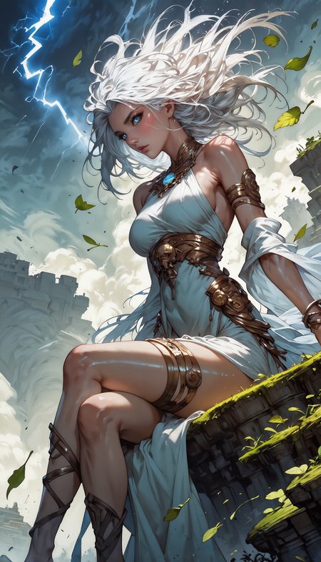 score_9, score_8_up, score_7_up,  1 girl, greek goddess, lightning aura, sitting on a flying island, air, gold jewelry, thigh strap, shiny skin, blush, beautiful face, blue eyes, white hair, floating hair, gentle breeze, white skin, crossed legs, blue sexy sheer dress, dutch angle, bottomless, pink fingernails, moonlight, stormlight, green leaves, flying leaves, lightning, wind, swirling wind currents,   <lora:Expressive_H-000001:0.8>, expressiveH    <lora:Fant5yP0ny:0.9>  <lora:Pony_DetailV1.0:0.9>