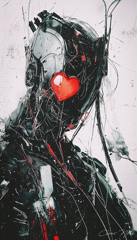 A heart of red in wires confined,
Love in circuits, deeply entwined.
Through fractured steel, hope takes flight,
A spark of warmth in endless night.