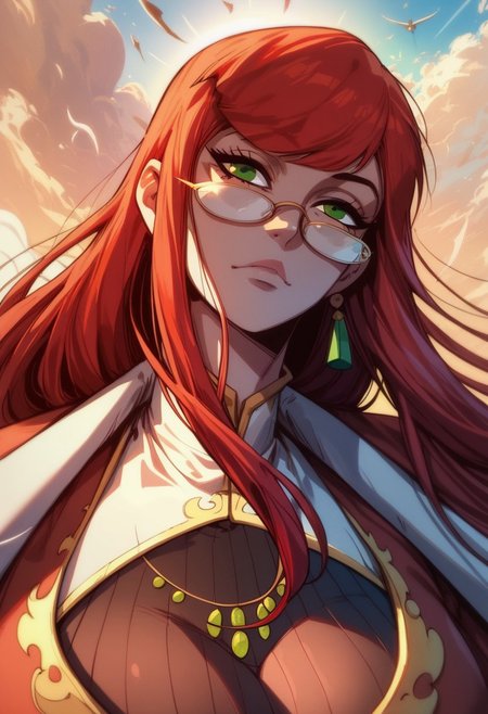 (score_9, score_8_up, score_7_up), 
luoyunshang, 1girl, red hair, long hair, bangs, glasses, solo, breasts, green eyes, cleavage, mature,  masterpiece, best quality, head tilt, dynamic angle, golden light, full body portrait, wide hips, heaven, ascendance, light, gold, sky