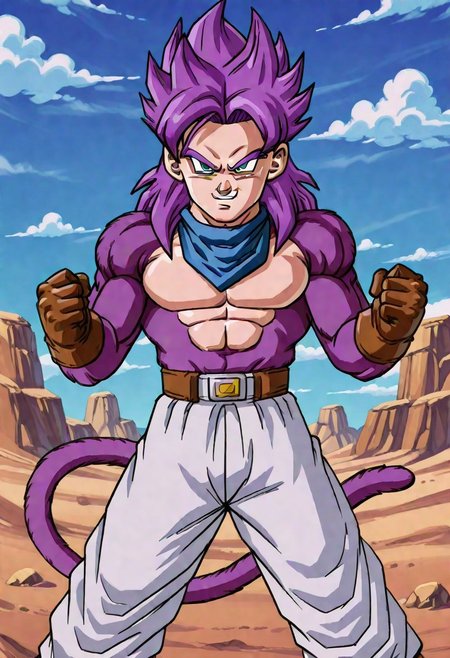 GTTrunks, 1boy, purple hair, blue bandana around neck, brown gloves, shorts, white pants, brown boots, abs, body fur, long hair, monkey tail, muscular, pectorals, (purple fur:1.5), solo, spiked hair, ssj4, super saiyan, tail, solo, fighting stance, standing, clenched hands, dynamic pose, upper body, looking at viewer, smiling, cowboy shot, desert background, blue sky, clouds, scene reference, verybadimagenegative_v1.3