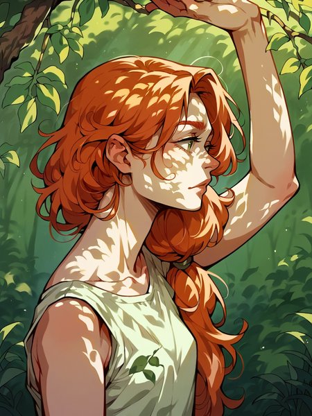 score_9, score_8_up, score_7_up, score_6_up, score_5_up,  <lora:dappledlightXLP:1> dappled light, dappled sunlight, forest, 1girl, ginger hair