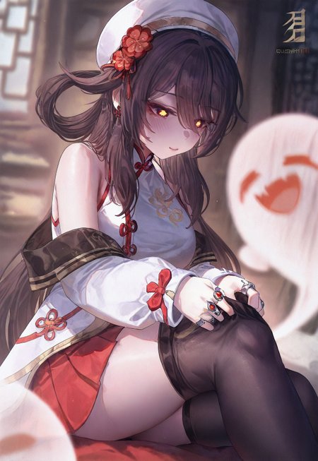 safe_pos, sushispin, genshin impact, boo tao \(genshin impact\), hu tao \(cherries snow-laden\) \(genshin impact\), hu tao \(genshin impact\), 1girl, adjusting clothes, adjusting legwear, architecture, bare shoulders, black thighhighs, breasts, brown hair, chinese clothes, closed mouth, earrings, east asian architecture, hat, indoors, jewelry, light blush, logo, long hair, looking down, medium breasts, multiple rings, official alternate costume, orange pupils, red eyes, red skirt, ring, shirt, sitting, skirt, sleeveless, sleeveless shirt, solo focus, thighhighs, thighs, white hat, white shirt