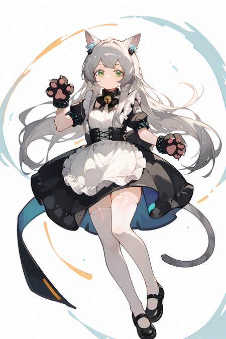 (score_9,score_8_up,score_7_up),<lora:Rosmontis(Arknights)-v1:1>,Rosmontis(Arknights),1girl,solo,animal ears,tail,green eyes,cat ears,long hair,cat tail,animal hands,cat girl,white background,simple background,apron,bell,white thighhighs,thighhighs,gloves,paw gloves,white apron,dress,grey hair,looking at viewer,black dress,official alternate costume,alternate costume,jingle bell,black footwear,rosmontis (arknights),bangs,closed mouth,very long hair,bow,full body,frills,short sleeves,standing,maid,neck bell,black gloves,waist apron,shoes,cat paws,hands up,frilled apron,black bow,collar,
good feet,anime,NSFW,expressive,amazing quality,ultra hd 32k,