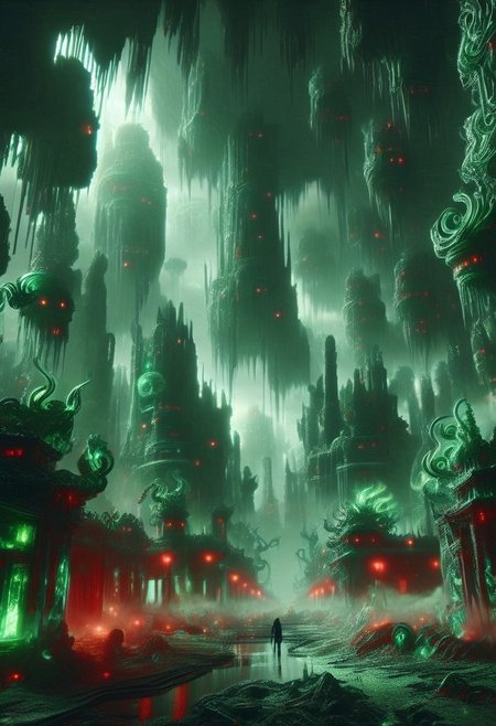 emeraldmorph,fantasy art deco,Cyberpunk city,abyssmerald, dark, haunting, green fog, cave, ruins, red lantern, background fantasy, ancient background, <lora:JJsCyberPunkCity_XL:1>, ((CyberPunk City)), (masterpiece),(high quality), best quality, real,(realistic), super detailed, (full detail),cenery,A mystical emerald valley where ancient magic fuses with future tech: biomechanical titans and cyber-enhanced crystal dragons battle beneath a blood-red moon projecting AR runes. (disintegrating and dissolving into fog and smoke:1.9) A robotic minotaur wreathed in digital flames charges through crystalline data streams, while a majestic cyber-turtle carries both a miniature emerald world and quantum computer on its shell. (blending form with reality:1.9) Techno-shamans cast code-spells from LED-enhanced robes, as chrome-augmented crystal golems guard digital ley lines. A towering emerald mech-dragon, scales shifting between runes and binary, coils around a crystal spire network hub, while digital familiars and drones dance through neon mist where technology and sorcery merge into one.