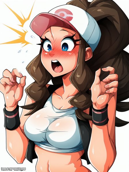 score_9, score_8_up, score_7_up, score_6_up, score_5_up, WitchK1ng, black outline, hand, solo, 1girl, hilda (pokemon), surprised,    <lora:WitchkingStyle-05:1>
