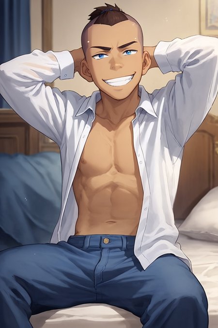score_9, score_8_up, score_7_up,   <lora:sokka:0.8>, 1boy, solo, sokka, blue eyes, brown hair, undercut,  topknot, white shirt, open clothes, open chest, grin, looking to viewer, looking at viewer, hands behind head, bedroom, sitting, pants, official art, official style,