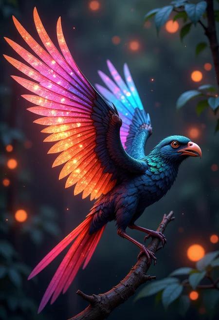 An exotic bird with colorful wings, translucent wings, soft glow, multi-colored, vibrant, bokeh, epic, 8k