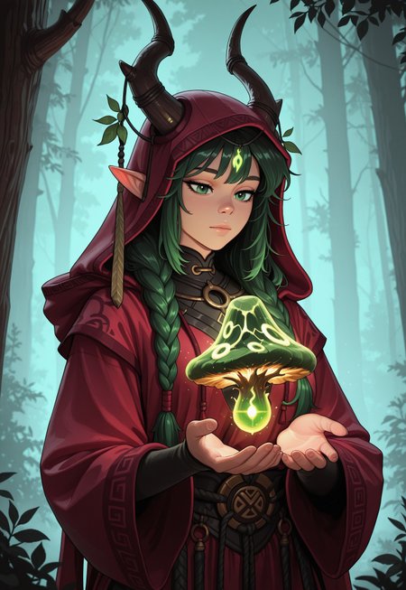score_9, score_8_up, score_7_up, 1girl, solo, mystical druid, flowing robes with nature-inspired patterns and earthy tones, ancient wooden staff with carved runes and a glowing crystal at the top, long braided auburn hair adorned with flowers and leaves, realistic, cinematic angle, cinematic lighting, graceful body, wise face, deep green eyes, meditative pose
BREAK
standing in a sacred grove surrounded by ancient trees
BREAK
source_fantasy_art, rating_explicit, expressive, full body, elegant pose
BREAK
detailed beautiful background, enchanted forest with towering ancient trees and lush undergrowth, glowing mushrooms and luminescent plants, mystical creatures such as fairies and woodland spirits, distant mountains with waterfalls, serene atmosphere with a sense of harmony and magic
<lora:Expressive_H:0.6>Expressiveh, (SimplepositiveXLv1:1.3), (upper body, full clothed:1.85) ((masterpiece)) (ultra realistic, 32k, masterpiece:1.2), (high detailed skin:1.1), (high quality:1.1) (((full clothed))) <lora:DandonFuga_Style_v.2_-_Pony:0.8> 
<lora:add-detail-xl:1> 
<lora:Dynamic Poses:1>