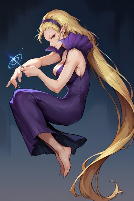 score_9, score_8_up, score_7_up, score_6_up, source_anime BREAK 1girl, solo <lora:leanansidhe-pdxl-nvwls-v1-000005:1> leanan sidhe, very long hair, blonde hair, pointy ears, hairband, purple dress, cleavage, sleeveless, long dress, barefoot, big breasts, black background, sitting, looking at you, from side