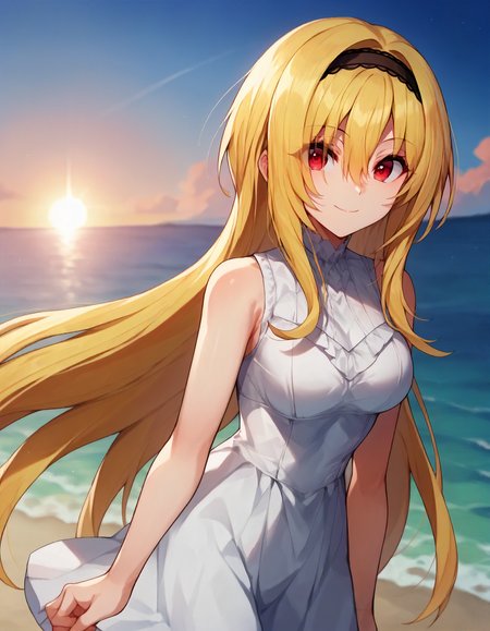 score_9, score_8_up,score_7_up,1girl,solo,cowboy shot,looking at viewer,smile,closed mouth,dynamic lighting,outdoors,blue sky,ocean,
<lora:kurosakichitose_v2_ponyXLV6:0.8>,cgkct,blonde hair,very long hair,hair between eyes,eyes visible through hair,red eyes,
black hairband,white casual dress,sleeveless