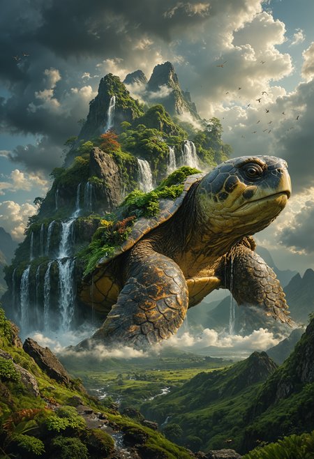 A majestic and colossal turtle that is part of the landscape, with a mountain integrated into its shell, Waterfalls cascade down from the mountain peaks, lush greenery covering the turtle's back, the turtle's head and limbs are made of rocky textures, adorned with patches of moss and vegetation, set against a backdrop of dramatic clouds and sky, birds soaring around the towering figure, atmosphere is serene and mystical, sense of ancient and natural magic, <lora:MJ52:0.4>, <lora:xl_more_art-full_v1:0.4>
