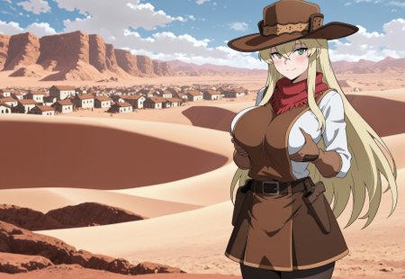 masterpiece, best quality, newest, absurdres, very aesthetic, Doya, 1girl, solo, cowboy shot, 
(blonde hair, long hair, bangs between eyes, sidelocks), green eyes, big breasts, 
(brown wide-brim hat), brown vest, white undershirt, red scarf, long-sleeves, brown gloves, brown skirt, (belt, belt buckle, belt pouches, holsters), black pantyhose, 
smile, looking at the viewer, (closed mouth), blush,
outdoors, sunny weather, town, old west, desert,grabbing own breasts,deep breasts grab