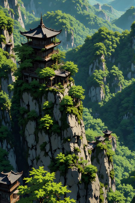 The scene unfolds as a breathtaking vision of ancient architecture seamlessly integrated with the natural world. At its heart stands a grand, multi-tiered structure perched atop a towering rocky outcrop, its design reminiscent of traditional East Asian architecture. The building is crowned with intricately layered roofs, each tier adorned with ornate details and tiled in dark hues that contrast beautifully against the lush greenery surrounding it.
The structure appears to be built into the very fabric of the mountain itself, its foundations blending seamlessly with the rugged stone. Moss and vines have claimed much of the edifice, creeping over railings, balconies, and even the roof, giving the impression that nature has reclaimed this place as its own. Trees and foliage grow not only around the building but also within its crevices, their branches reaching outward like arms embracing the sky.
The surrounding landscape is a dense tapestry of verdant forest, stretching endlessly across rolling hills and valleys. The trees are varied in size and type, their canopies forming a thick blanket of green that extends far into the distance. Here and there, other structuresâsmaller pavilions or shrinesâare visible, nestled among the rocks and trees, hinting at a larger complex hidden within this secluded realm.
The air seems hushed, as though the place holds its breath, allowing the gentle rustle of leaves and the distant call of birds to fill the silence. The light filtering through the canopy casts dappled shadows across the scene, highlighting the intricate carvings on the stone walls and the delicate craftsmanship of the wooden beams supporting the buildingâs upper levels.
This is a place where time feels suspended, where human ingenuity and the wild beauty of nature coexist in perfect harmony. It evokes a sense of mystery and reverence, as though one has stumbled upon a sacred retreat forgotten by the outside worldâa sanctuary where the boundaries between earth and spirit blur into one another.
j_art, anime, anime art, <lora:FLUX\jul\J_Anime:0.7>, <lora:FLUX\RealAnime:0.7>